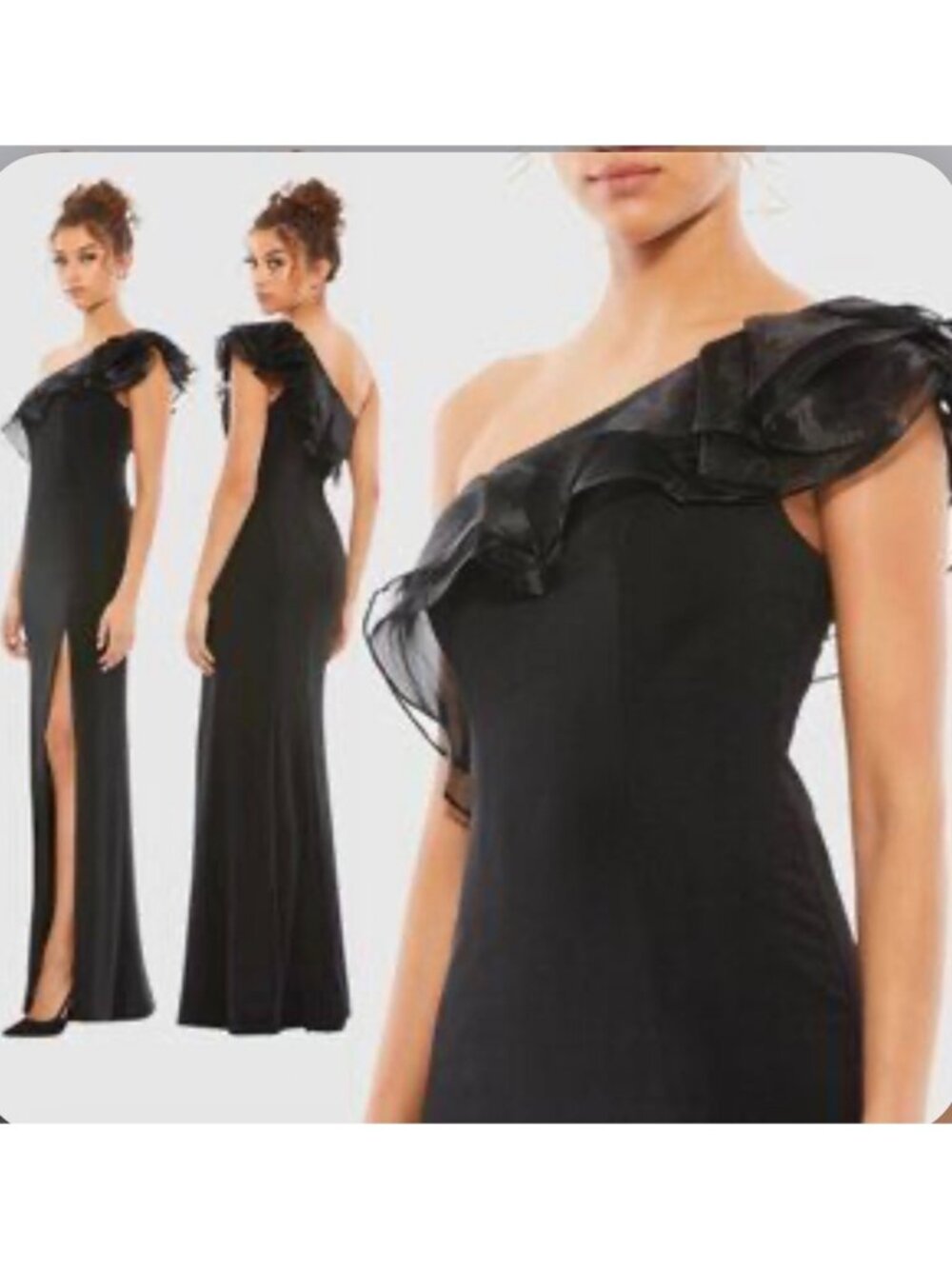 Mac Duggal Black One Shoulder Ruffle Evening Gown Dress Size 4